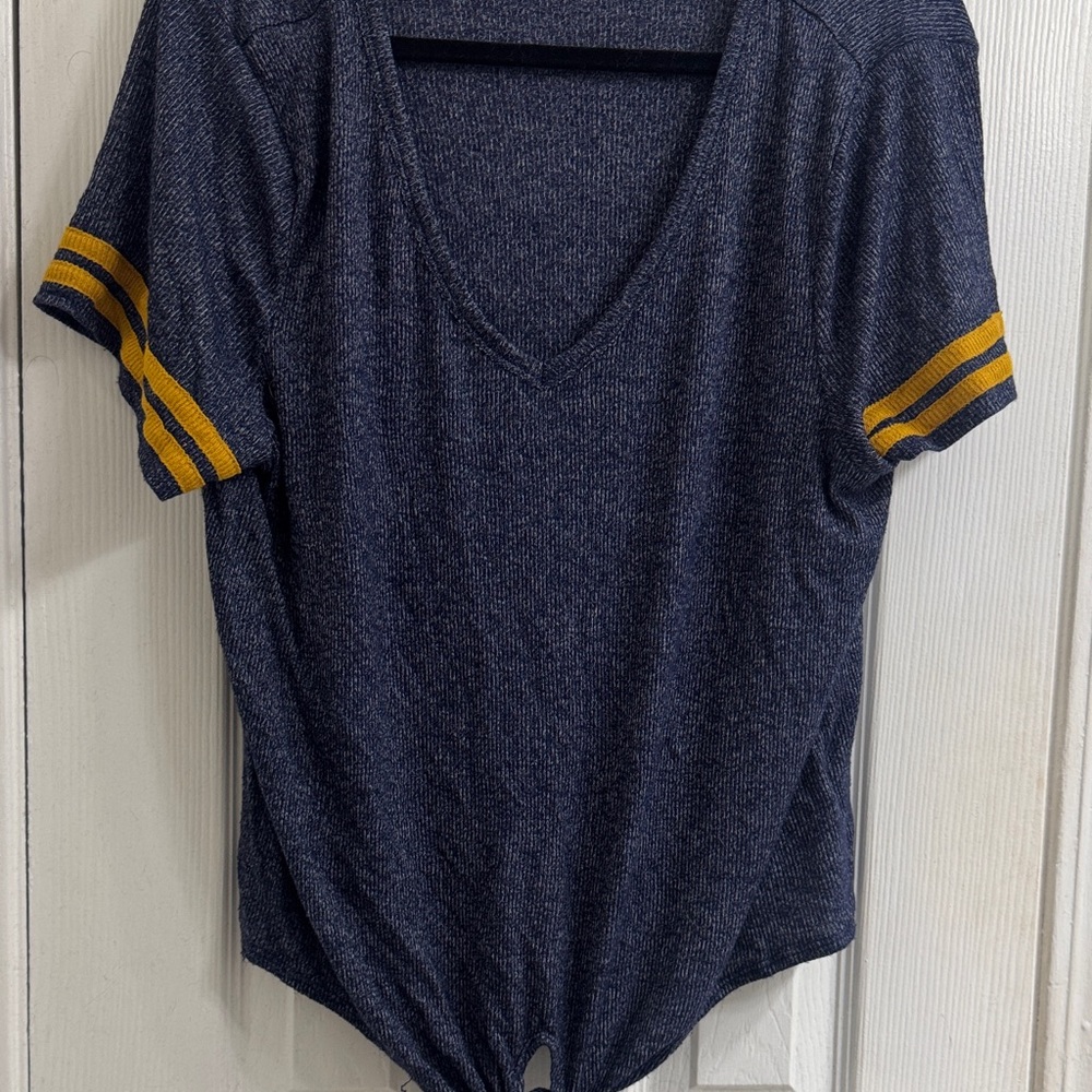 Navy and Yellow Women's V-Neck Top